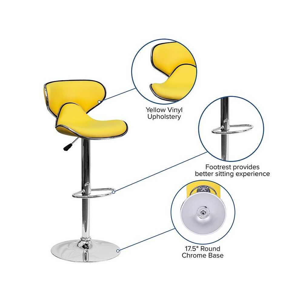 Contemporary Cozy Mid-Back Yellow Vinyl Adjustable Height Barstool with Chrome Base