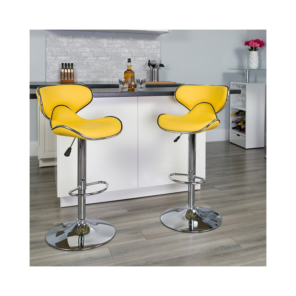 Contemporary Cozy Mid-Back Yellow Vinyl Adjustable Height Barstool with Chrome Base