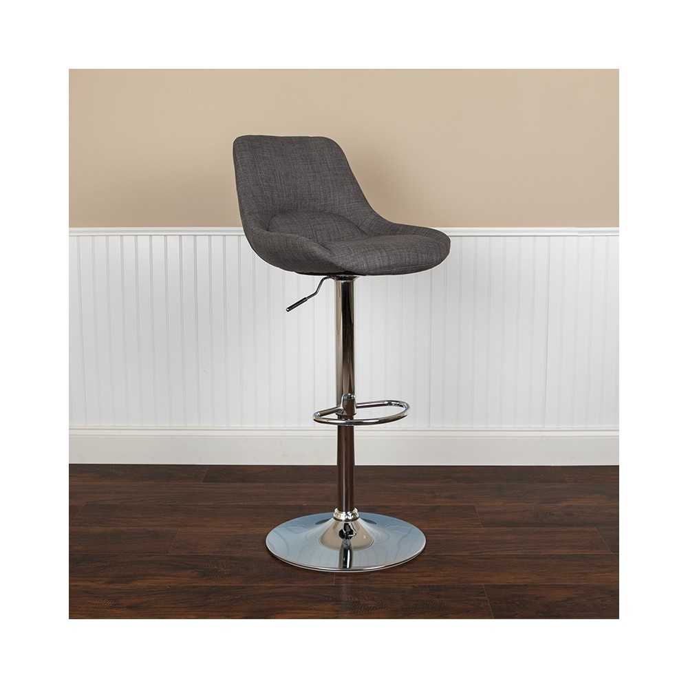 Contemporary Dark Gray Fabric Adjustable Height Barstool with Chrome Base