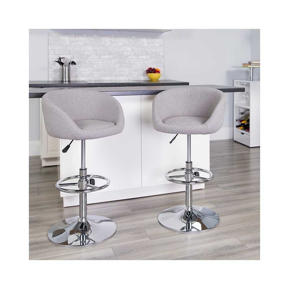 Contemporary Gray Fabric Adjustable Height Barstool with Barrel Back and Chrome Base