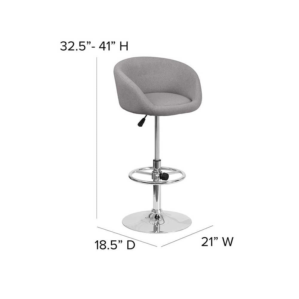 Contemporary Gray Fabric Adjustable Height Barstool with Barrel Back and Chrome Base