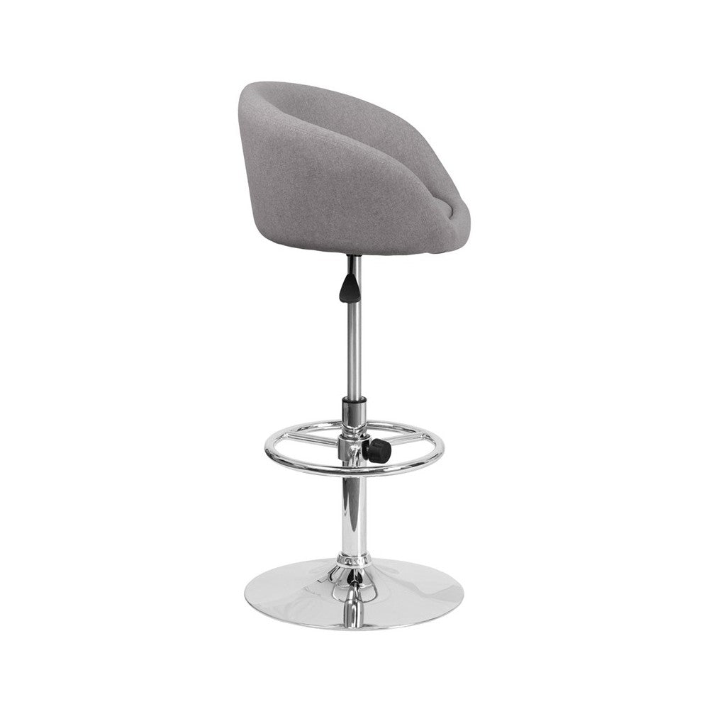 Contemporary Gray Fabric Adjustable Height Barstool with Barrel Back and Chrome Base