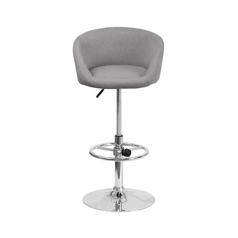 Contemporary Gray Fabric Adjustable Height Barstool with Barrel Back and Chrome Base