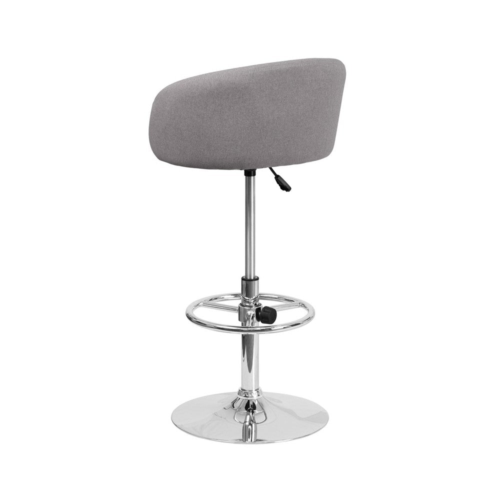 Contemporary Gray Fabric Adjustable Height Barstool with Barrel Back and Chrome Base