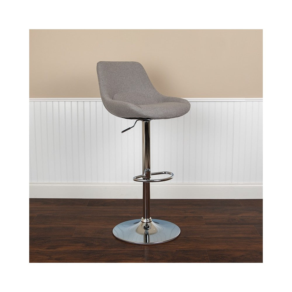 Contemporary Gray Fabric Adjustable Height Barstool with Chrome Base