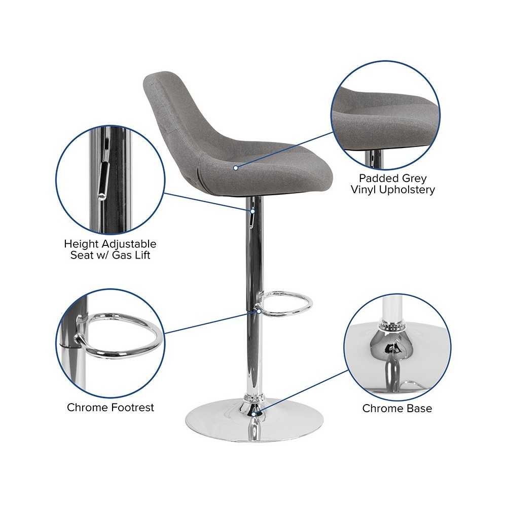 Contemporary Gray Fabric Adjustable Height Barstool with Chrome Base