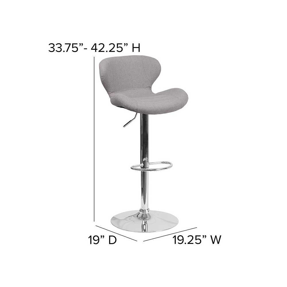 Contemporary Gray Fabric Adjustable Height Barstool with Curved Back and Chrome Base