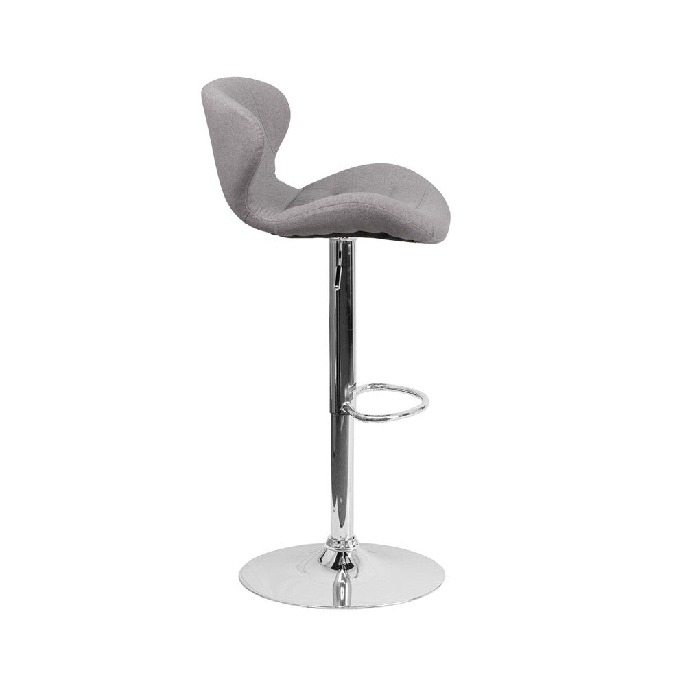 Contemporary Gray Fabric Adjustable Height Barstool with Curved Back and Chrome Base