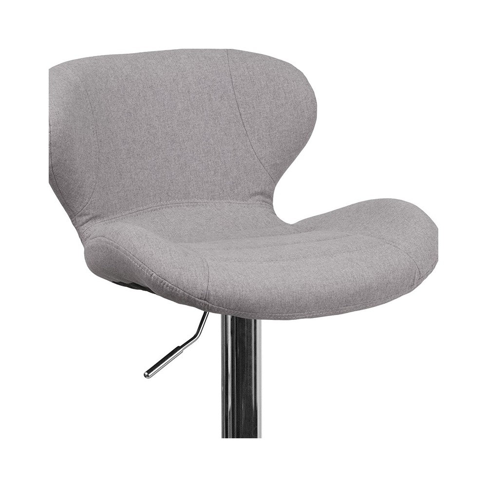 Contemporary Gray Fabric Adjustable Height Barstool with Curved Back and Chrome Base