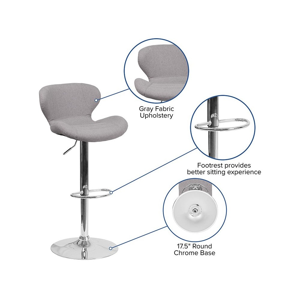 Contemporary Gray Fabric Adjustable Height Barstool with Curved Back and Chrome Base