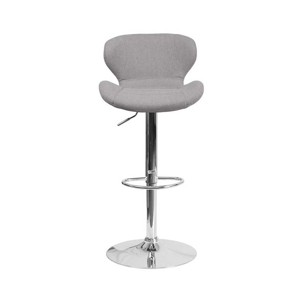 Contemporary Gray Fabric Adjustable Height Barstool with Curved Back and Chrome Base