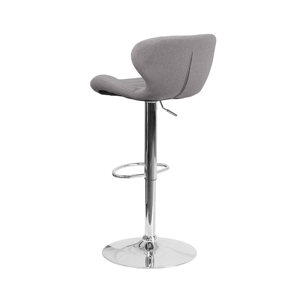 Contemporary Gray Fabric Adjustable Height Barstool with Curved Back and Chrome Base