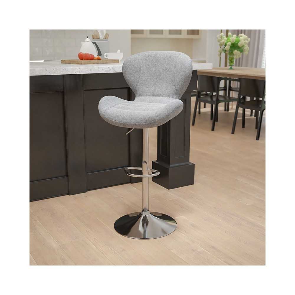 Contemporary Gray Fabric Adjustable Height Barstool with Curved Back and Chrome Base