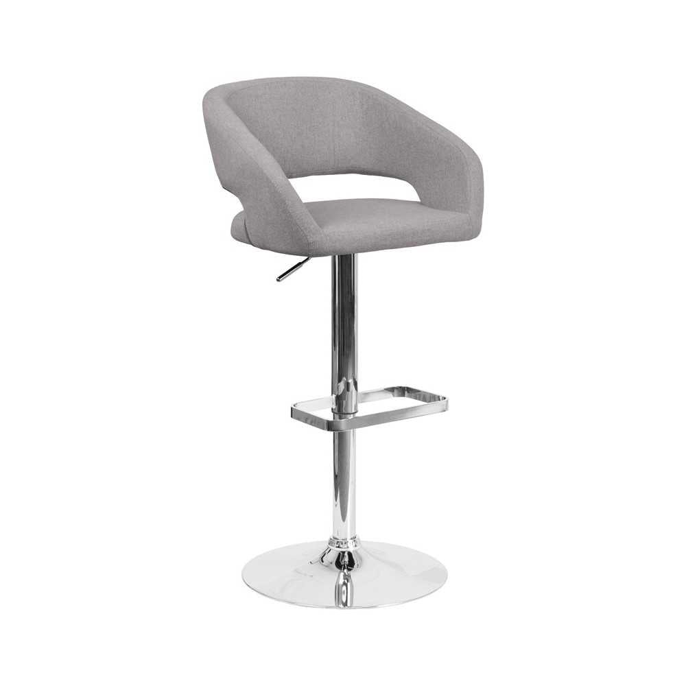 Contemporary Gray Fabric Adjustable Height Barstool with Rounded Mid-Back and Chrome Base