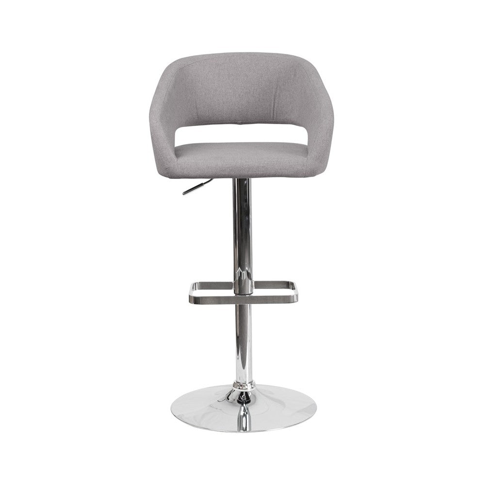 Contemporary Gray Fabric Adjustable Height Barstool with Rounded Mid-Back and Chrome Base