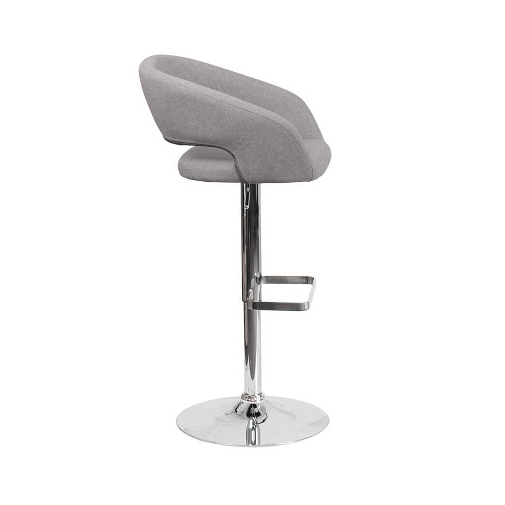 Contemporary Gray Fabric Adjustable Height Barstool with Rounded Mid-Back and Chrome Base