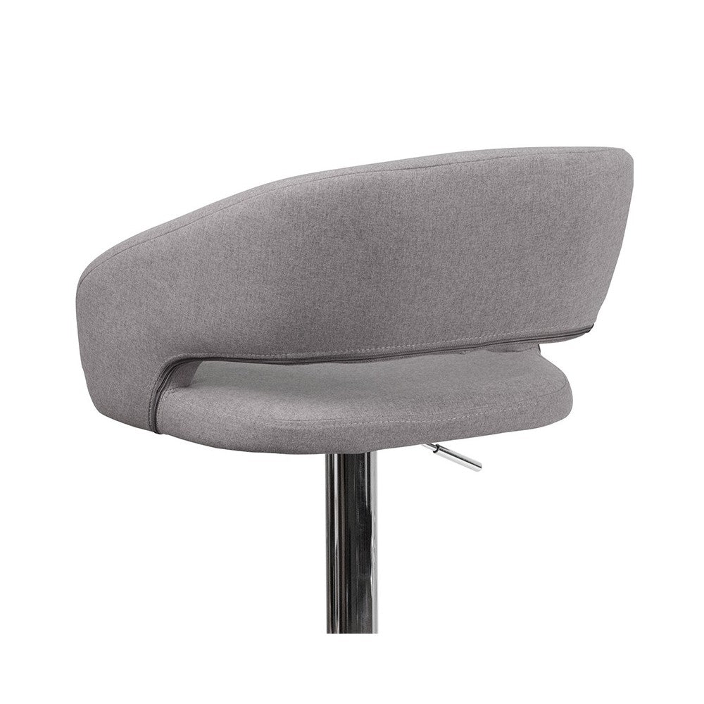 Contemporary Gray Fabric Adjustable Height Barstool with Rounded Mid-Back and Chrome Base