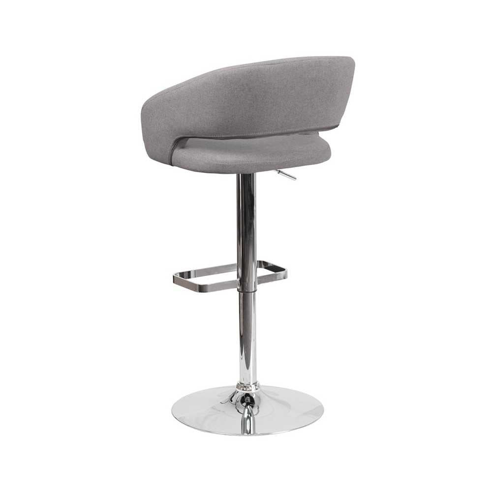 Contemporary Gray Fabric Adjustable Height Barstool with Rounded Mid-Back and Chrome Base