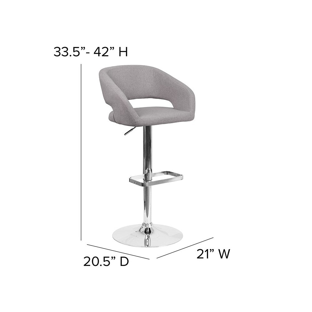 Contemporary Gray Fabric Adjustable Height Barstool with Rounded Mid-Back and Chrome Base