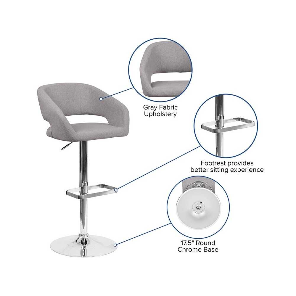 Contemporary Gray Fabric Adjustable Height Barstool with Rounded Mid-Back and Chrome Base