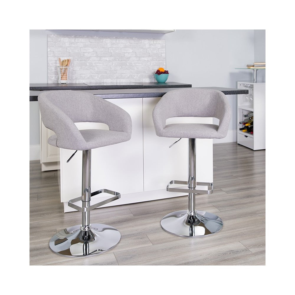 Contemporary Gray Fabric Adjustable Height Barstool with Rounded Mid-Back and Chrome Base