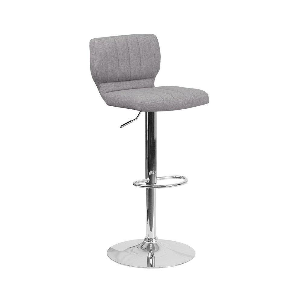 Contemporary Gray Fabric Adjustable Height Barstool with Vertical Stitch Back and Chrome Base