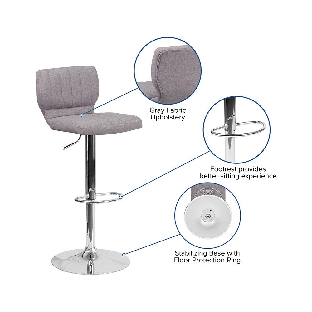 Contemporary Gray Fabric Adjustable Height Barstool with Vertical Stitch Back and Chrome Base