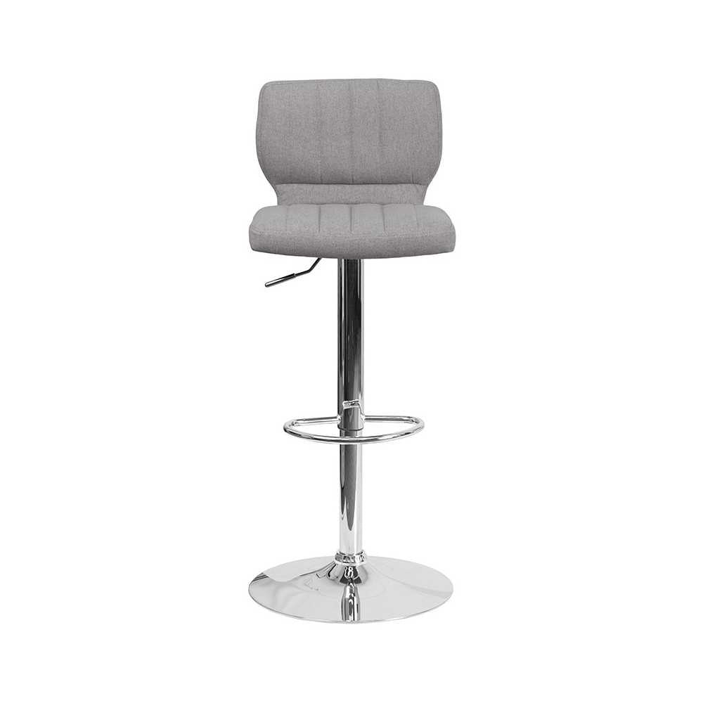 Contemporary Gray Fabric Adjustable Height Barstool with Vertical Stitch Back and Chrome Base