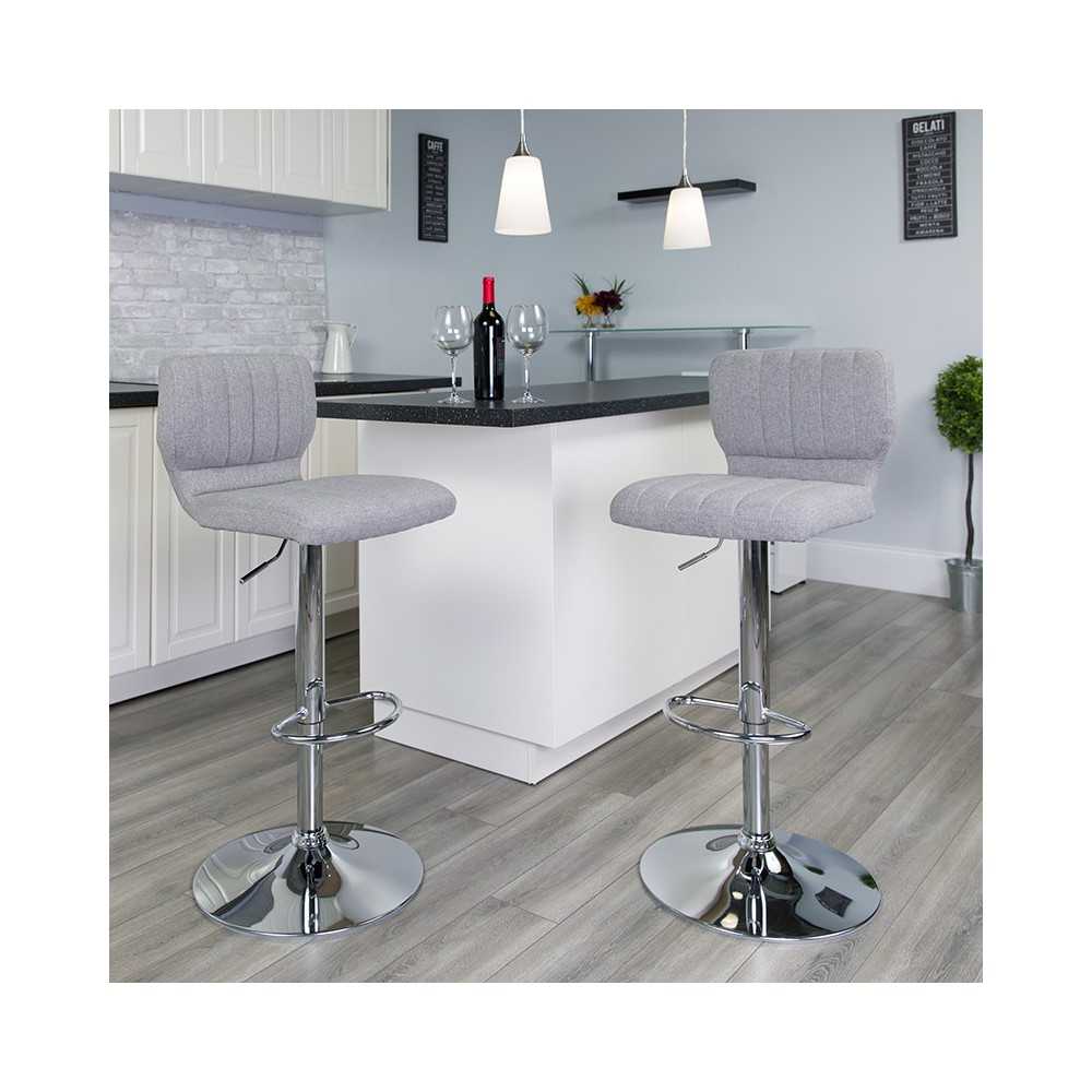 Contemporary Gray Fabric Adjustable Height Barstool with Vertical Stitch Back and Chrome Base