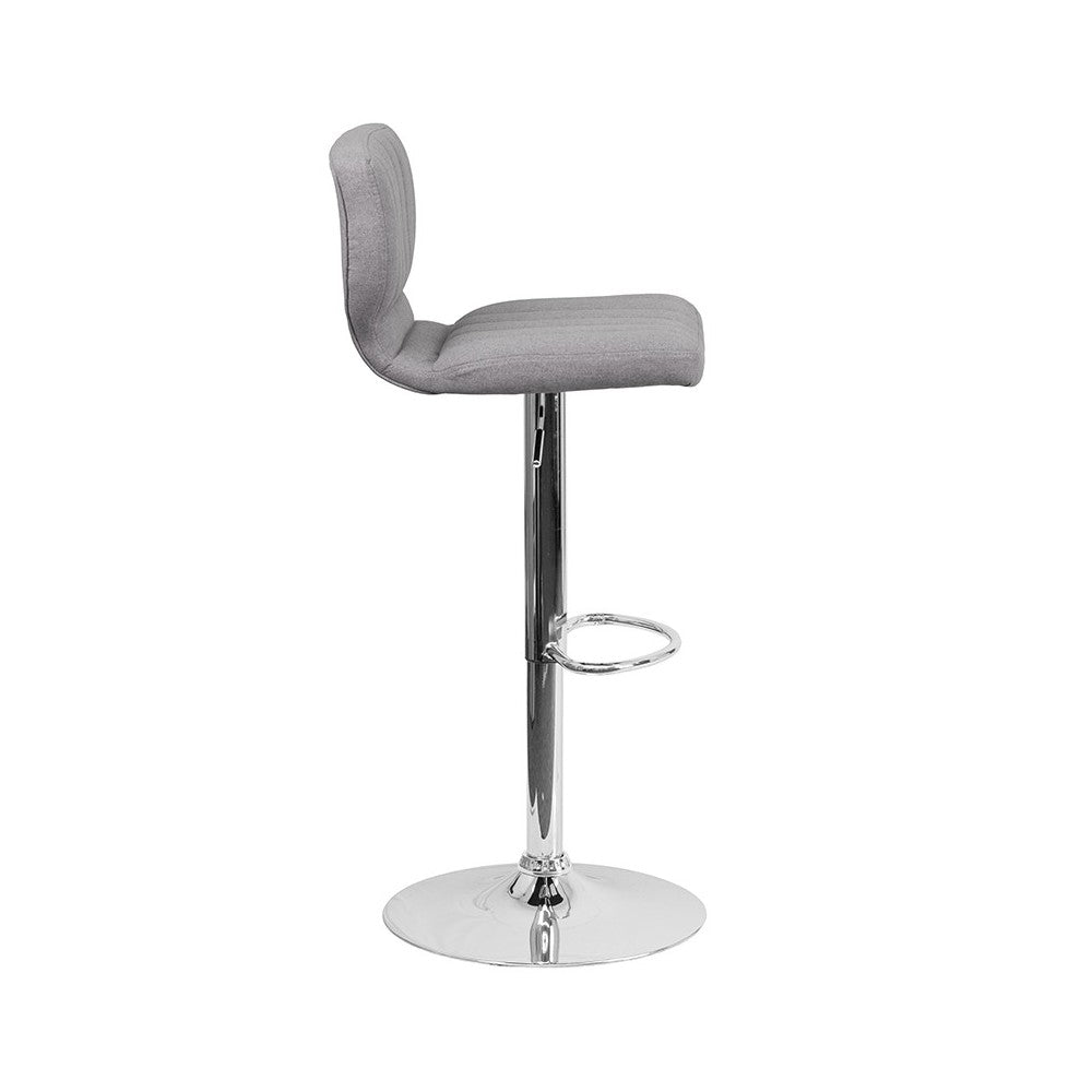 Contemporary Gray Fabric Adjustable Height Barstool with Vertical Stitch Back and Chrome Base