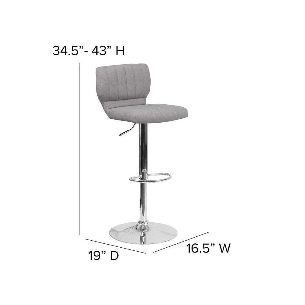 Contemporary Gray Fabric Adjustable Height Barstool with Vertical Stitch Back and Chrome Base