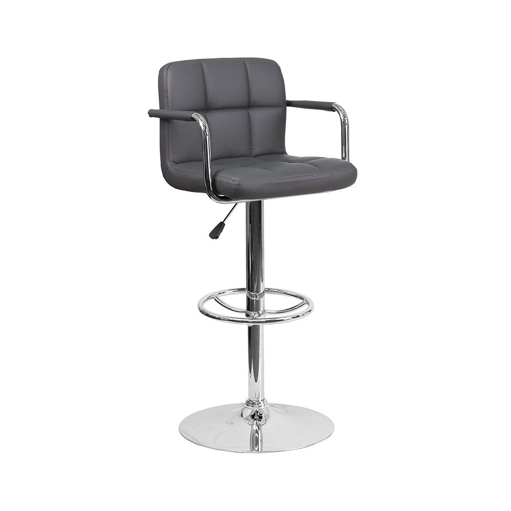 Contemporary Gray Quilted Vinyl Adjustable Height Barstool with Arms and Chrome Base