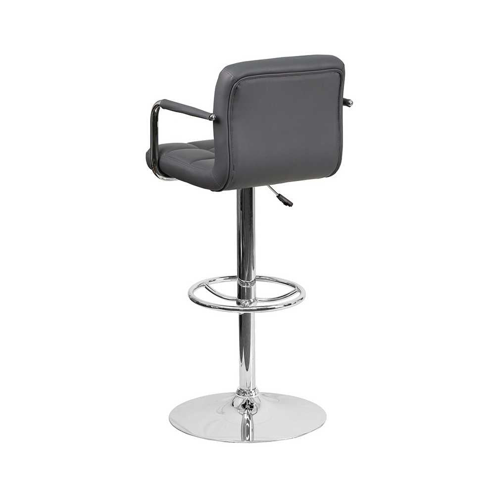 Contemporary Gray Quilted Vinyl Adjustable Height Barstool with Arms and Chrome Base