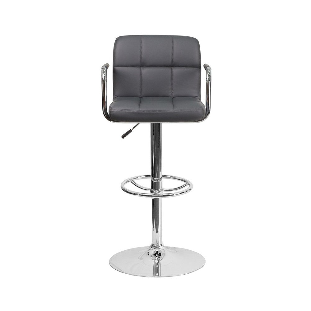 Contemporary Gray Quilted Vinyl Adjustable Height Barstool with Arms and Chrome Base