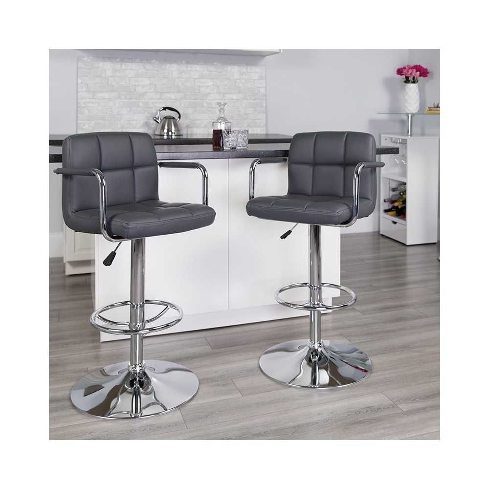 Contemporary Gray Quilted Vinyl Adjustable Height Barstool with Arms and Chrome Base