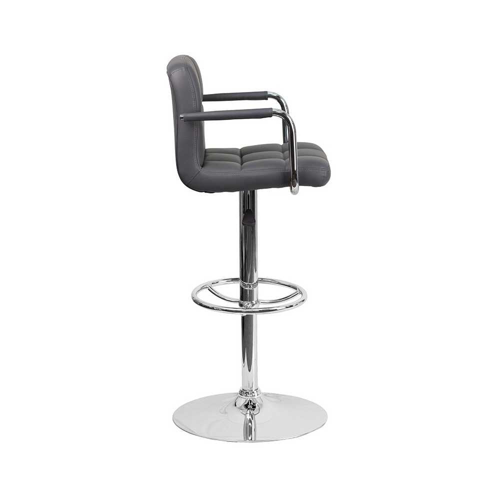 Contemporary Gray Quilted Vinyl Adjustable Height Barstool with Arms and Chrome Base