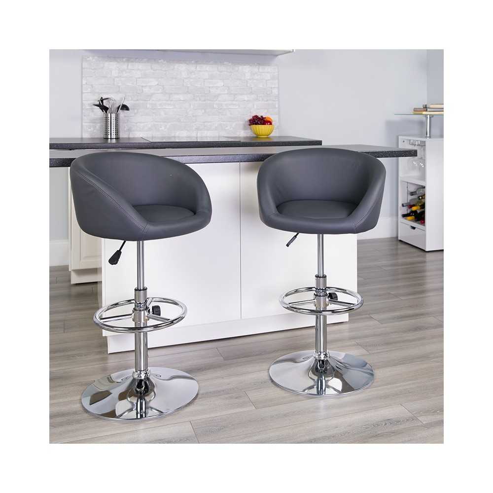 Contemporary Gray Vinyl Adjustable Height Barstool with Barrel Back and Chrome Base