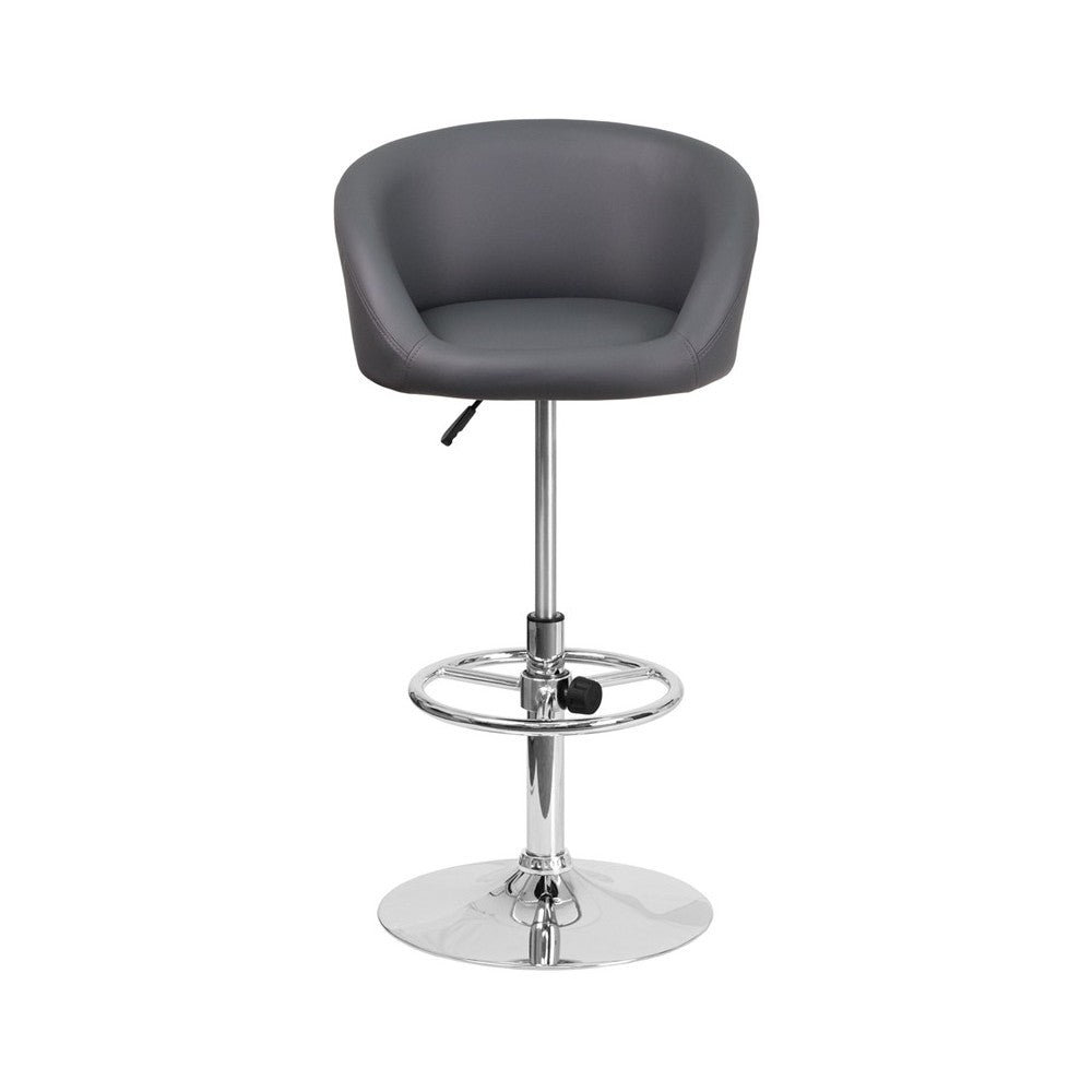 Contemporary Gray Vinyl Adjustable Height Barstool with Barrel Back and Chrome Base