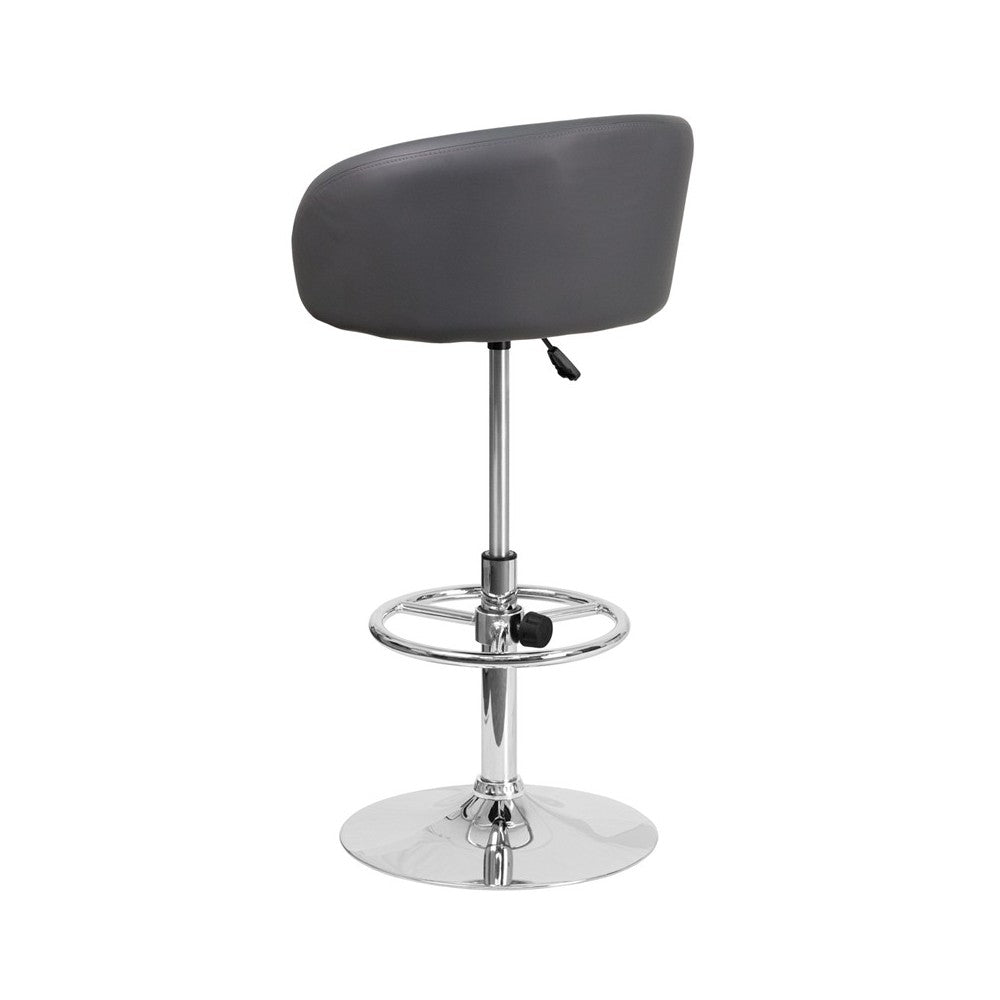 Contemporary Gray Vinyl Adjustable Height Barstool with Barrel Back and Chrome Base