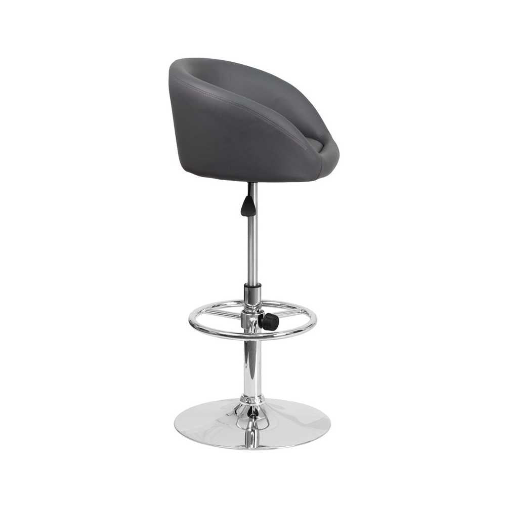 Contemporary Gray Vinyl Adjustable Height Barstool with Barrel Back and Chrome Base