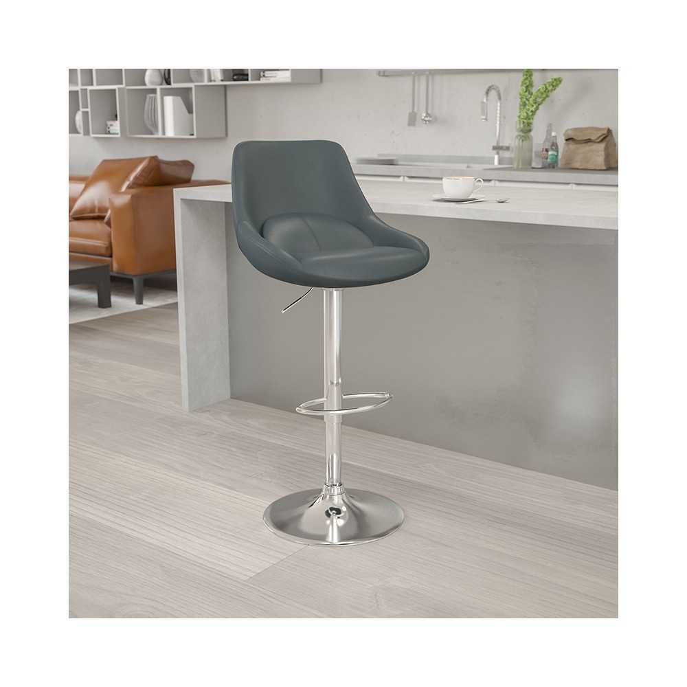 Contemporary Gray Vinyl Adjustable Height Barstool with Chrome Base