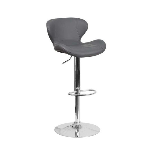 Contemporary Gray Vinyl Adjustable Height Barstool with Curved Back and Chrome Base