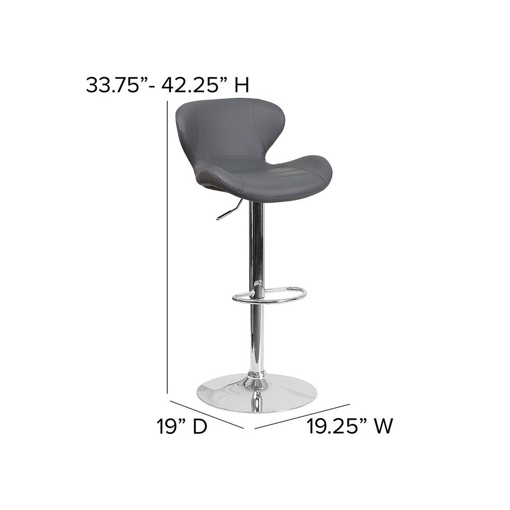 Contemporary Gray Vinyl Adjustable Height Barstool with Curved Back and Chrome Base
