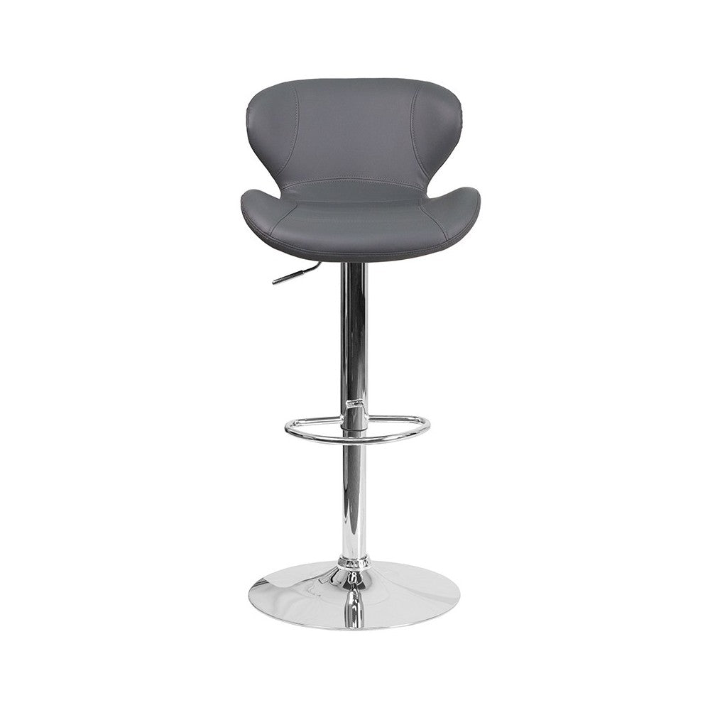 Contemporary Gray Vinyl Adjustable Height Barstool with Curved Back and Chrome Base