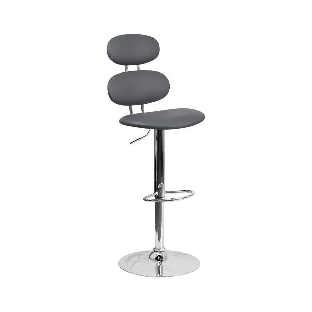 Contemporary Gray Vinyl Adjustable Height Barstool with Ellipse Back and Chrome Base