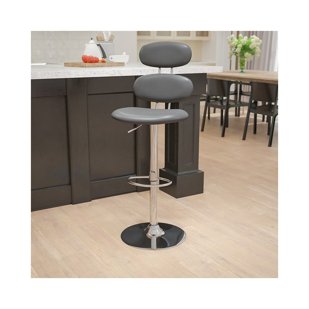 Contemporary Gray Vinyl Adjustable Height Barstool with Ellipse Back and Chrome Base