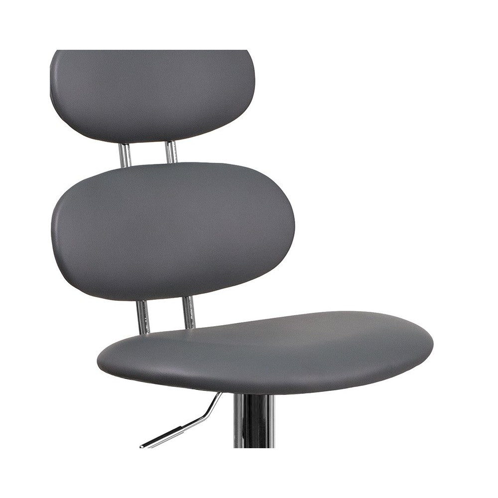 Contemporary Gray Vinyl Adjustable Height Barstool with Ellipse Back and Chrome Base