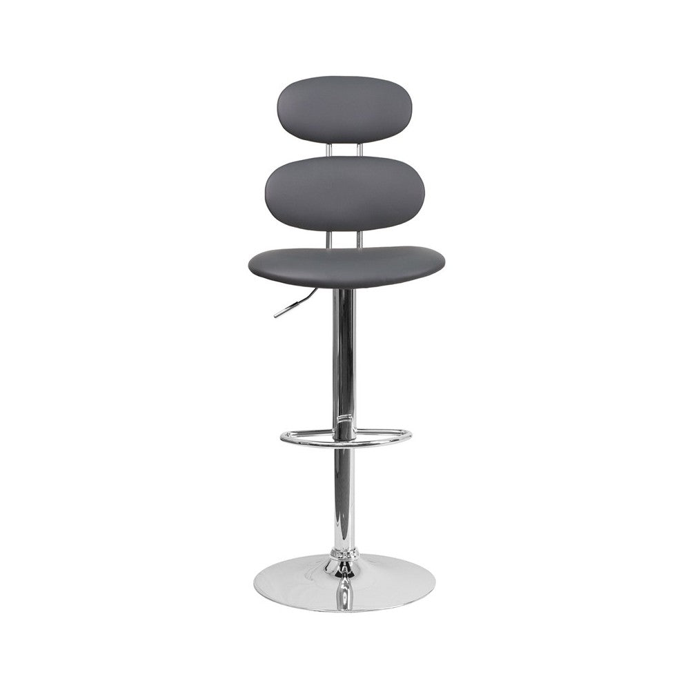 Contemporary Gray Vinyl Adjustable Height Barstool with Ellipse Back and Chrome Base