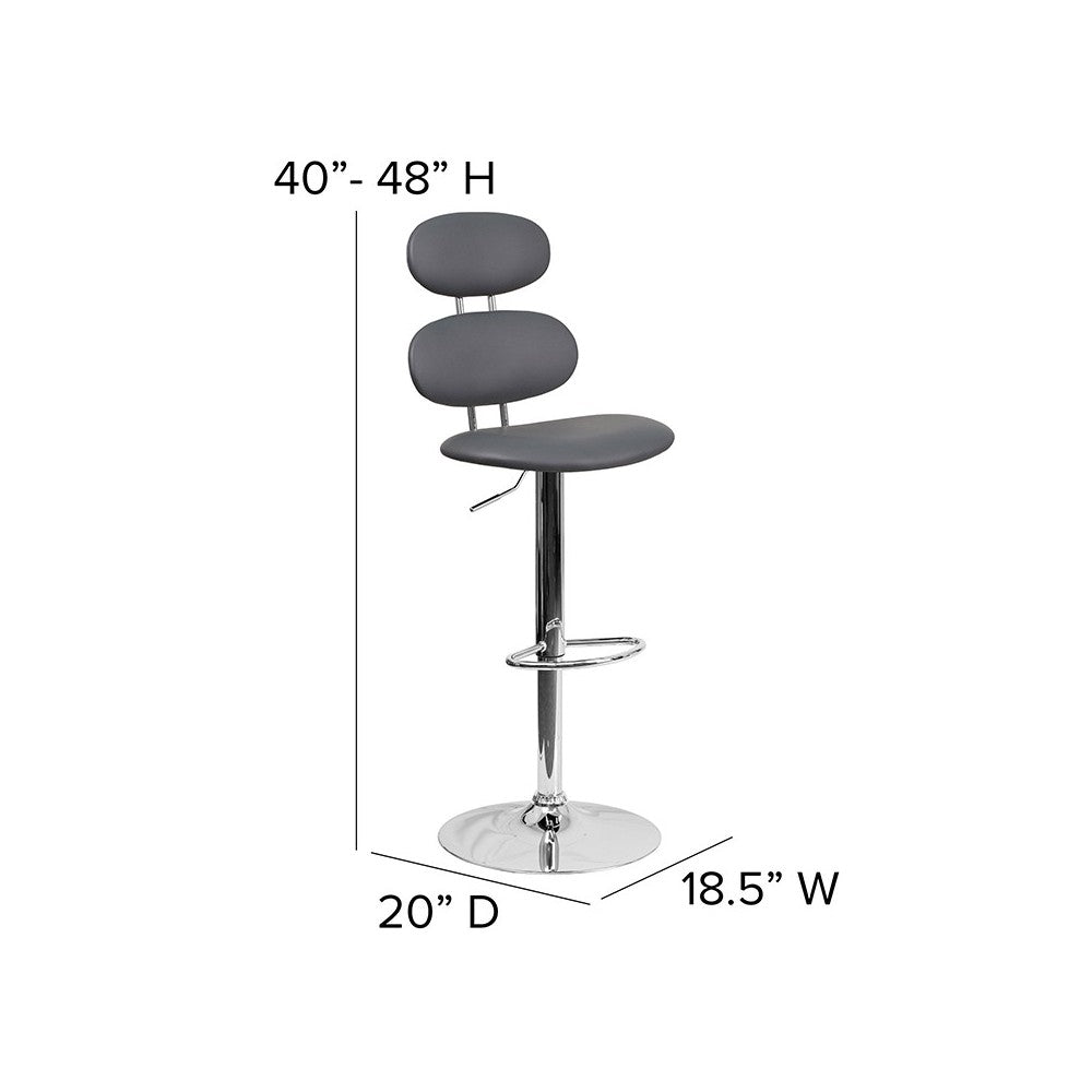 Contemporary Gray Vinyl Adjustable Height Barstool with Ellipse Back and Chrome Base