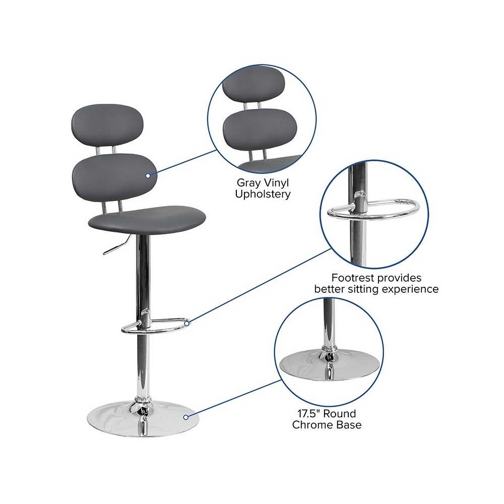 Contemporary Gray Vinyl Adjustable Height Barstool with Ellipse Back and Chrome Base